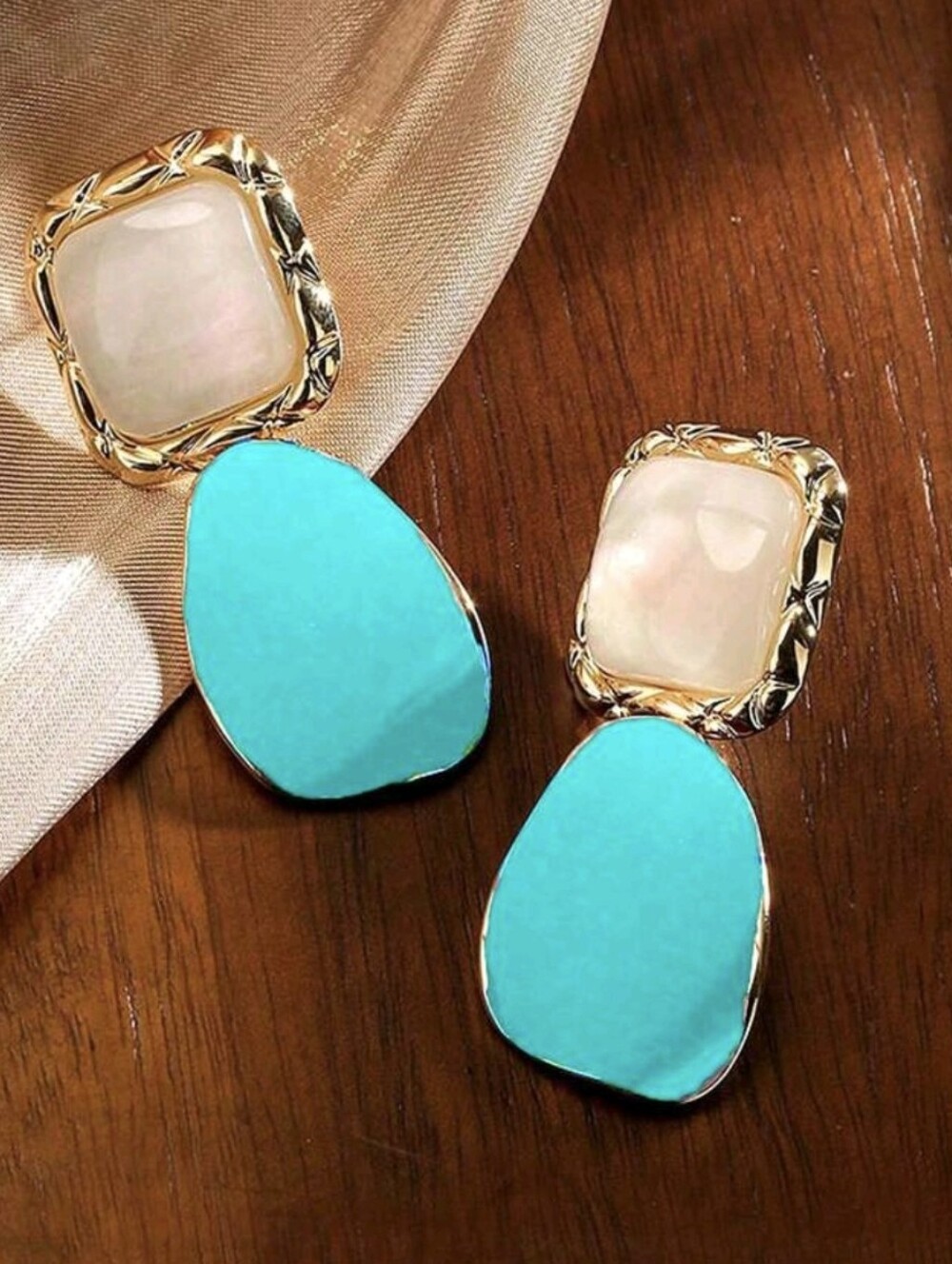 Gold-Tone Earrings with Cream Stone and Turquoise Drop